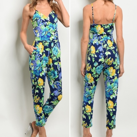 Trend Setter Diva Boutique Pants - NAVY TROPICAL FLORAL  PRINT JUMPSUIT!